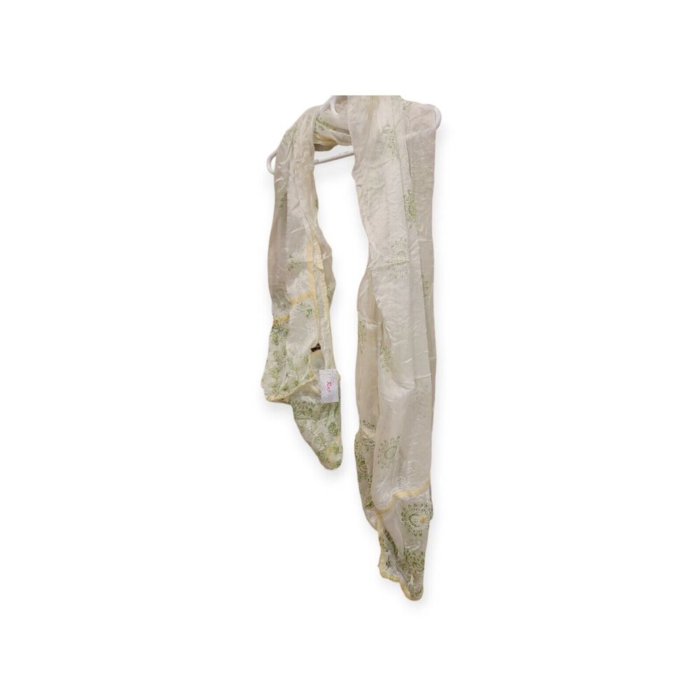 Scarf Raj Long Indian Silk Chiffon Ivory Scarf With Green Highlights